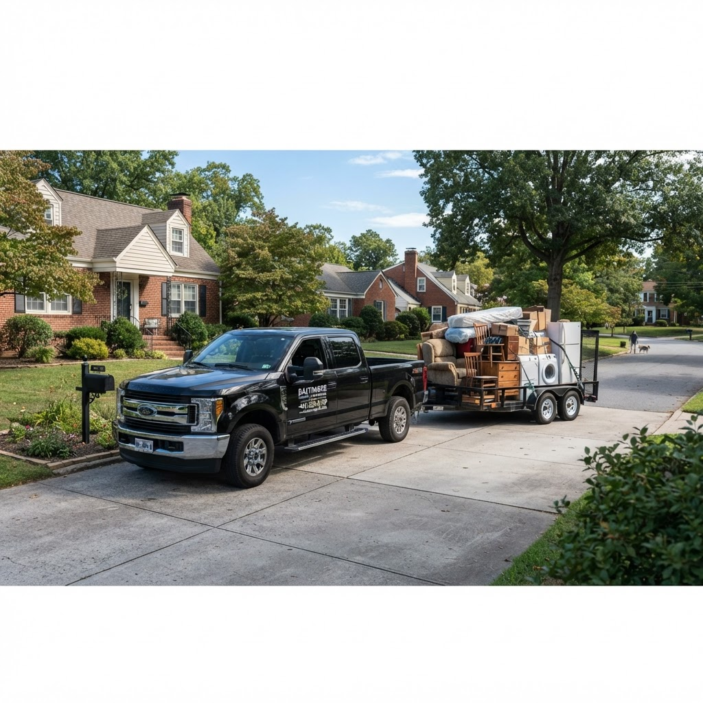 Fonk & Haul Solutions pickup truck and utility trailer loaded for a junk removal job in Baltimore
