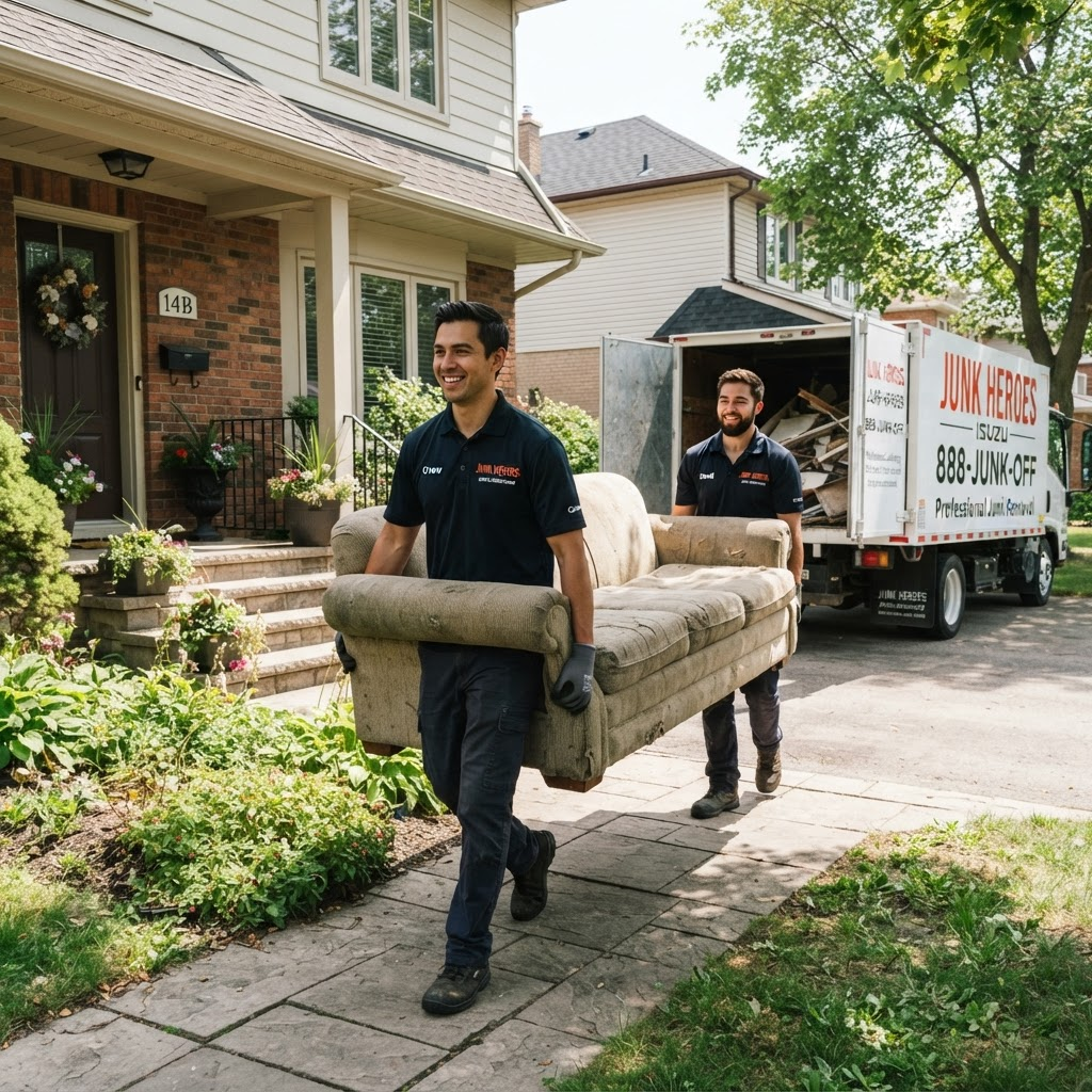 Fonk & Haul Solutions team carrying a sofa out to the truck during a residential junk removal job